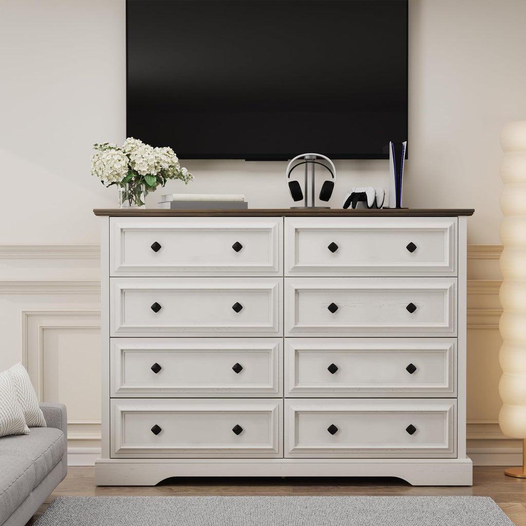 Farmhouse 8 Drawer, 54" Wide Wood with Natural Texture, Vintage Metal Double Hand Knobs, Rustic Chest of Drawers
