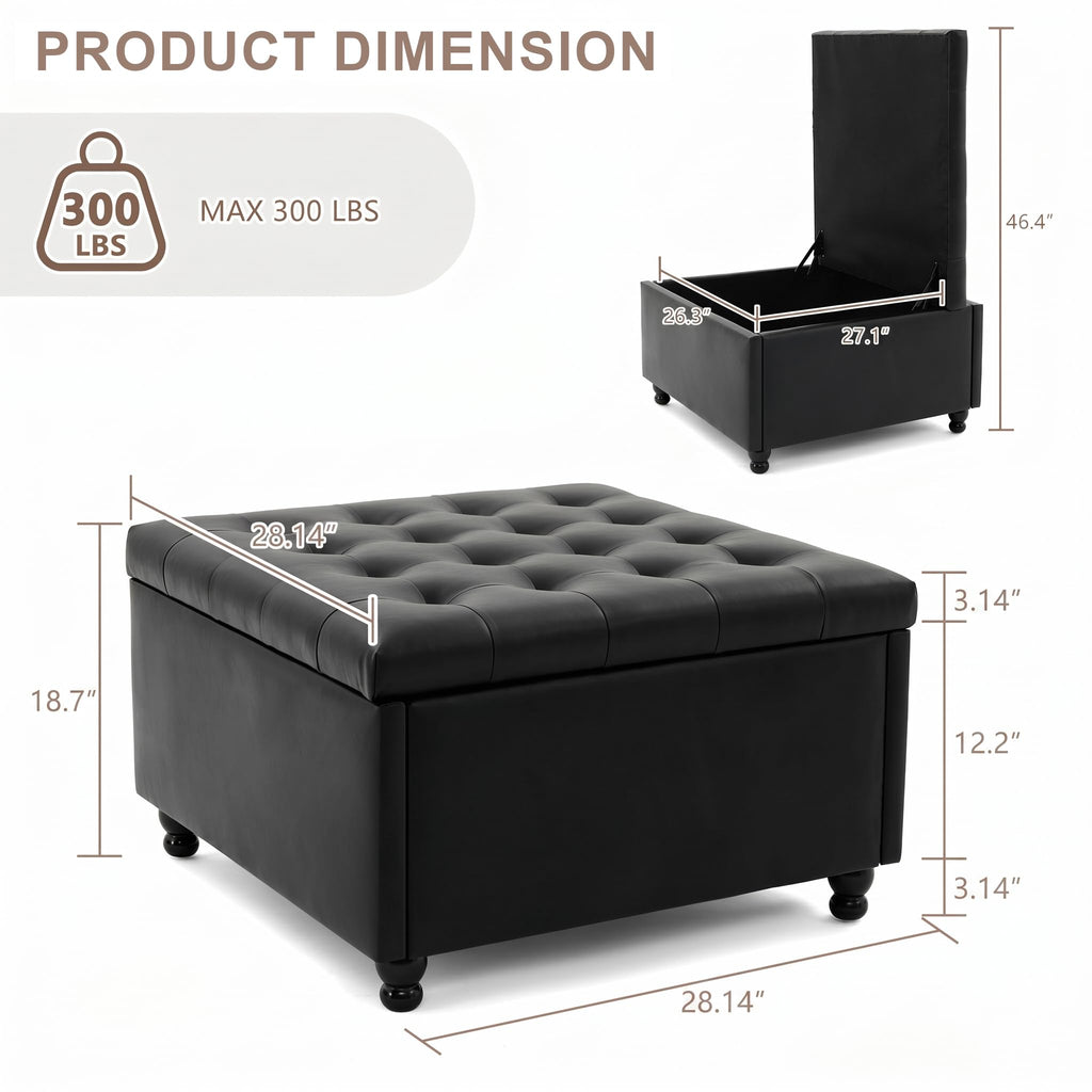 28" Large Square Ottoman with Storage, Leather Ottoman Coffee Table, Black