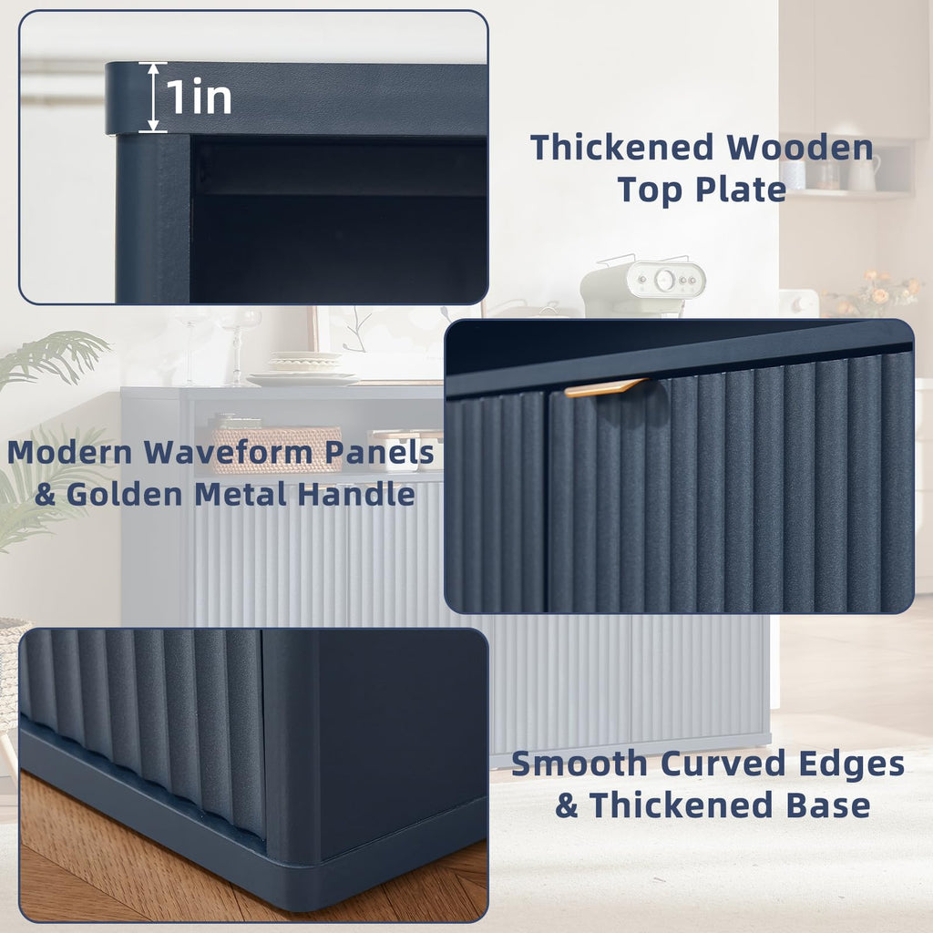 55-Inch Fluted Buffet Cabinet with 4 Doors, Dark Blue