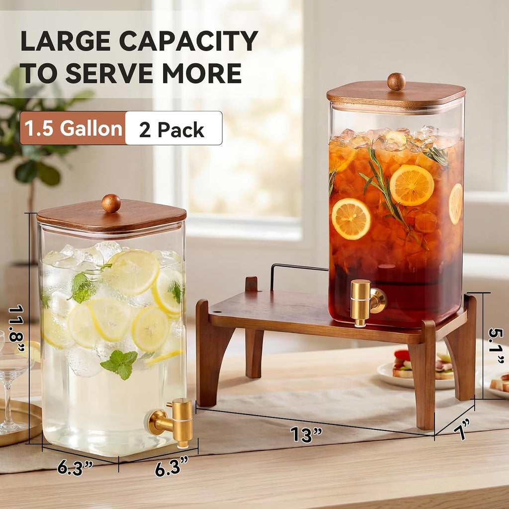 1.5 Gallon Square Glass Drink Dispenser with Wooden Stand & Lid, Large Beverage Dispenser with Stainless Steel - Set of 2