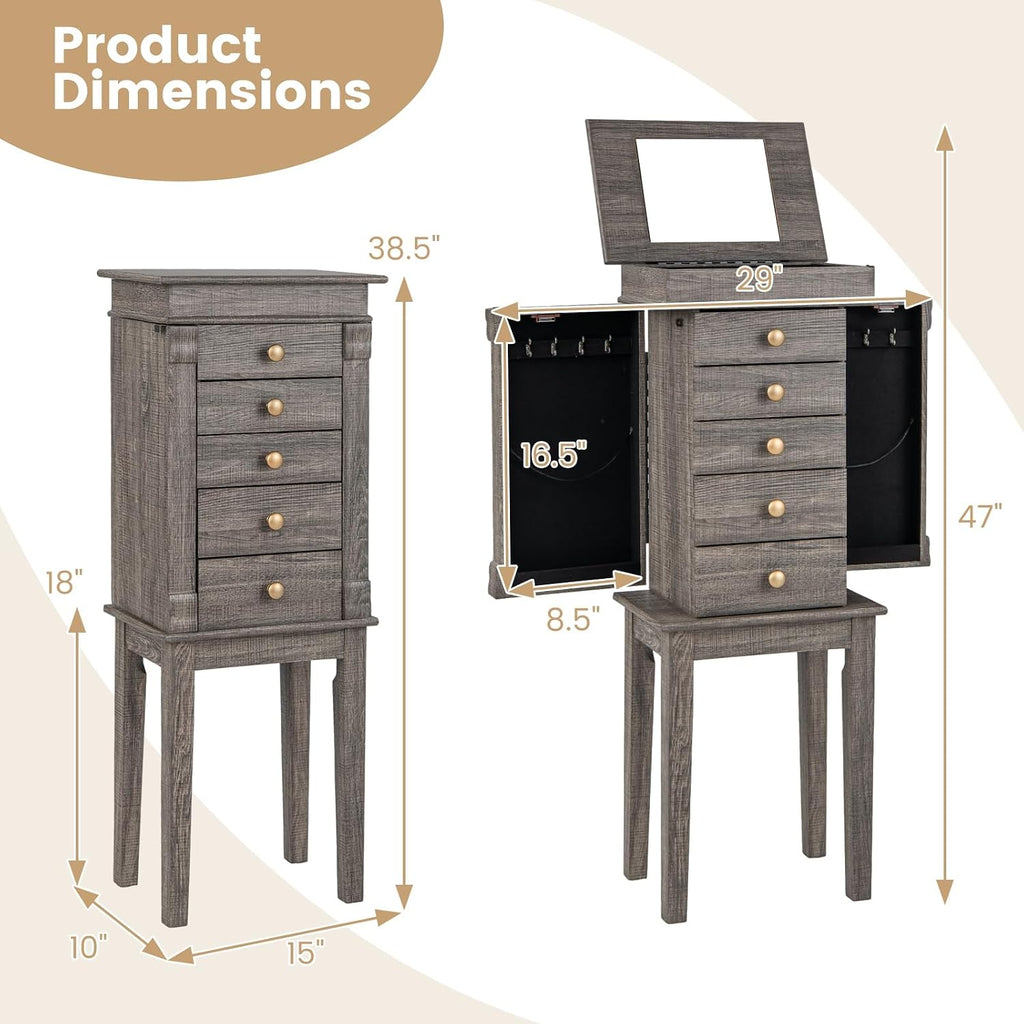 Jewelry Armoire Cabinet, Wooden Jewelry Chest Organizer with Flip Top Makeup Mirror, 5 Drawers, 2 Side Doors, 8