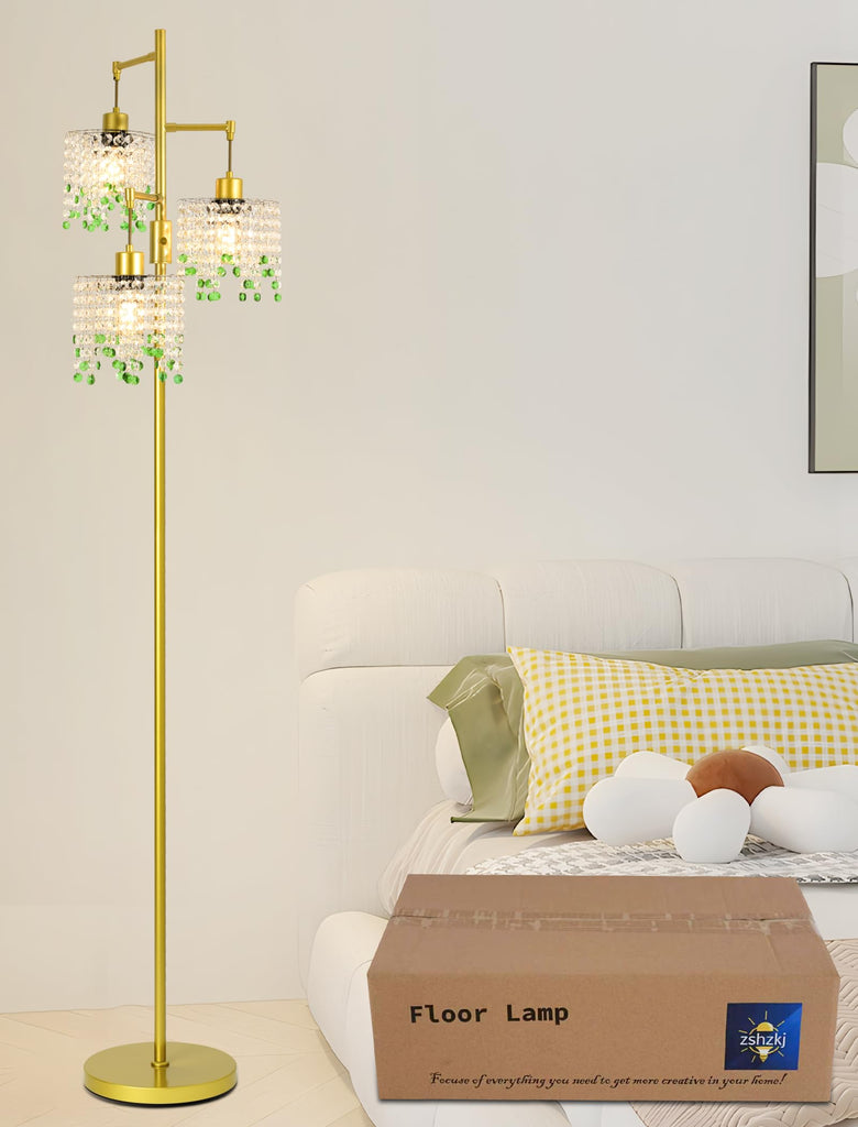 64" Crystal Floor Lamp with 3 Lights, Elegant Crystal Floor Lamp, Modern Standing Lamp, Gold Metal Base, K9 Crystal