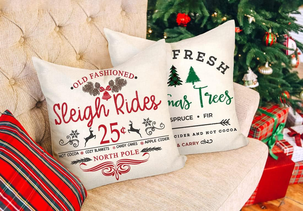 Farmhouse Christmas Pillow Covers 18x18 Winter Holiday Decorations Xmas Rustic Throw Cushion Case for Sofa - Set of 4