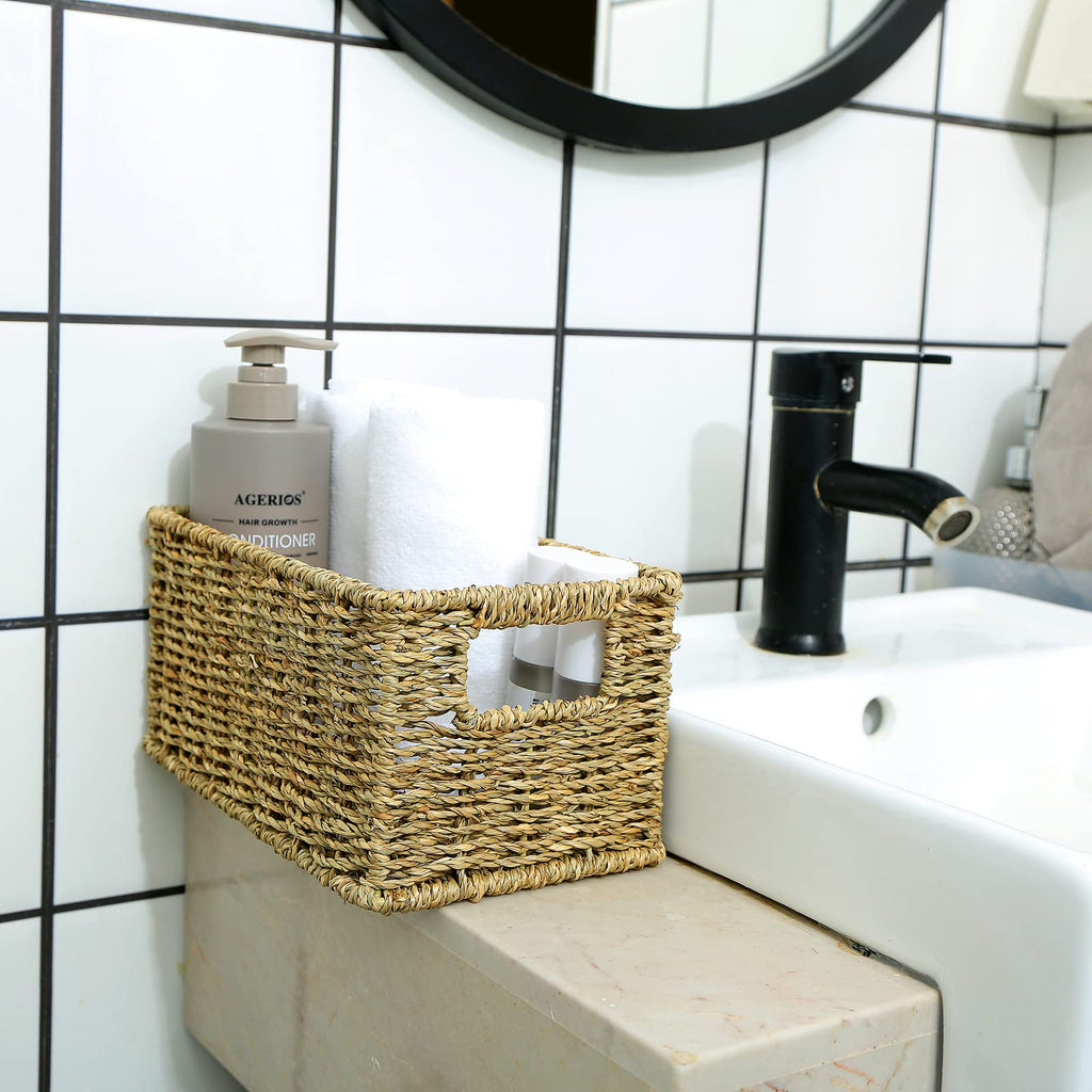 Wicker Baskets for Storage, Seagrass Baskets with Dual Handles, Woven Baskets for Shelves, Set of 2, Natural
