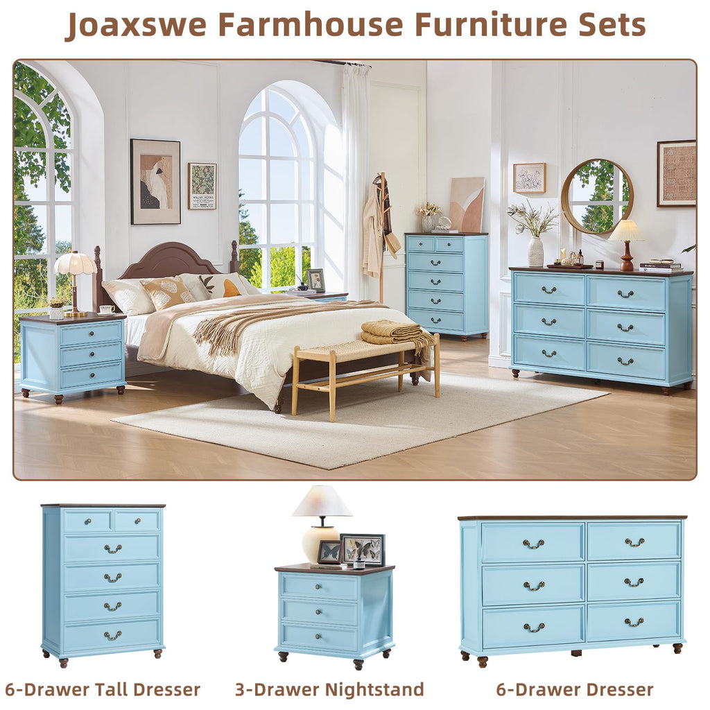 Farmhouse 6 Drawers, Vintage 54" Wide Chest of Drawers w/ 4 Wooden Legs, Rustic Large Closet Storage Dressers