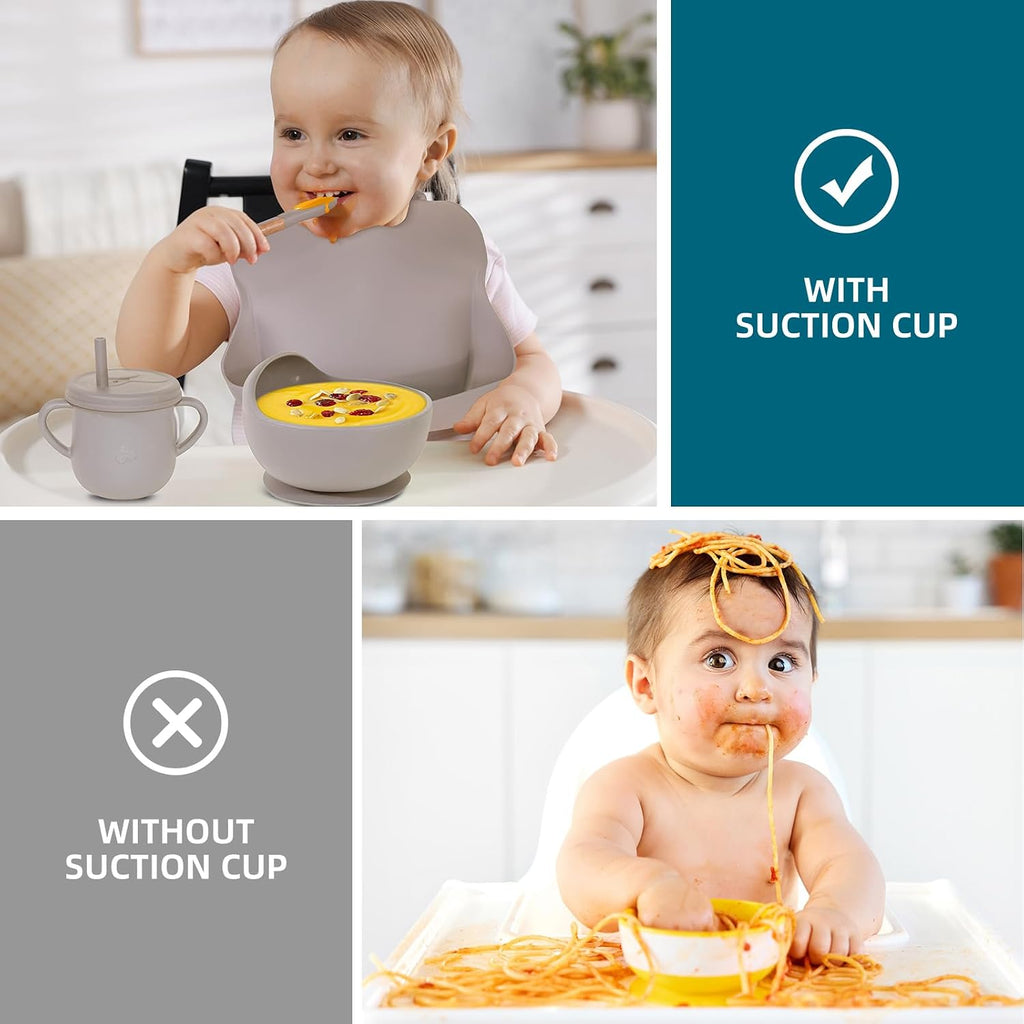 100% Silicone Baby Feeding Set, BPA Free, 9 Pcs: Suction Bowl, Divided Plate, Toddler Self Feeding Dish Set