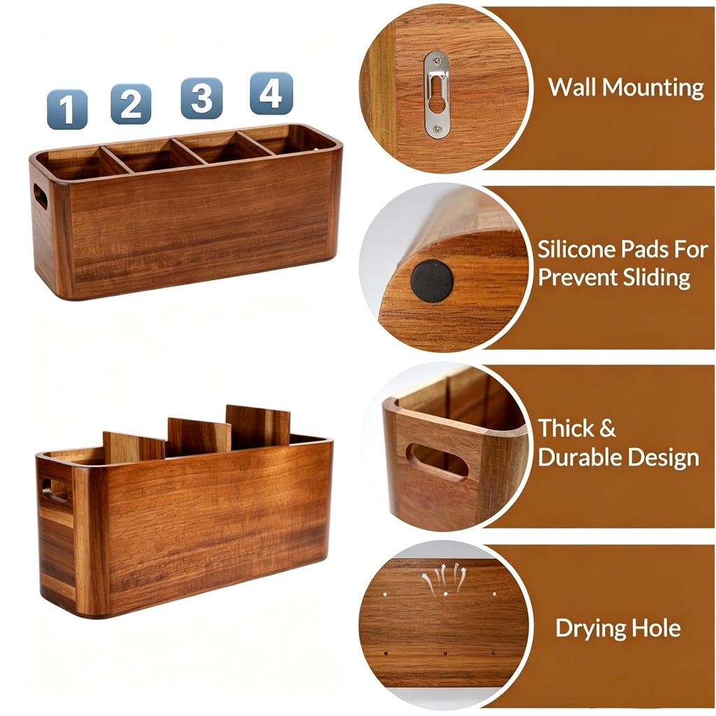 Wooden Kitchen Utensil Holder Organizer for Counter or Countertop, Large Wooden Utensil Holder for Storage Cooking