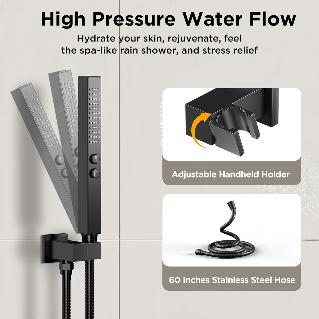 Shower Faucet Sets Matte Black Shower System, 4 Way 12+6" Dual Head Shower Set Complete with 2 in 1 Handheld,Wall