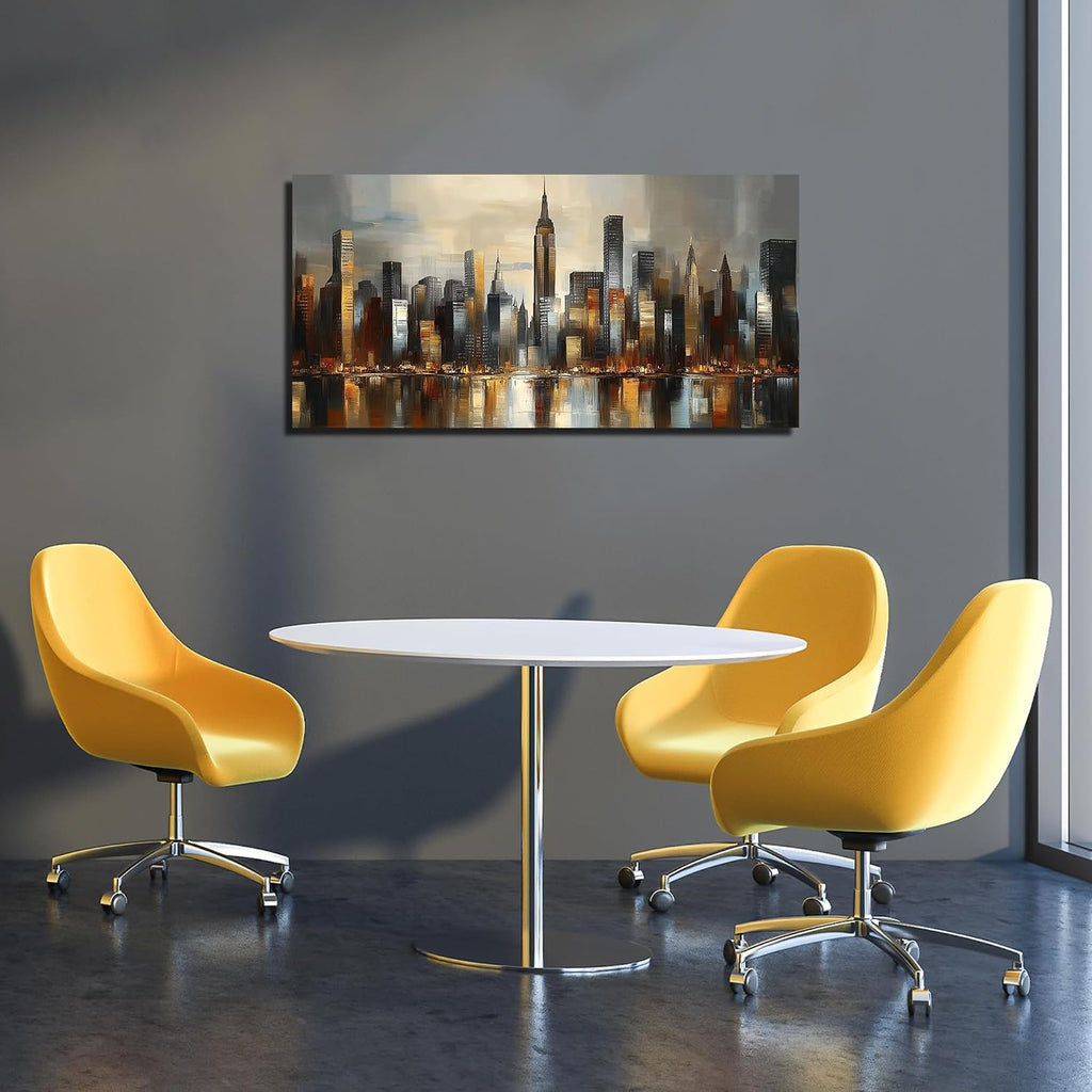 City Wall Art , Gold and Grey Wall-Decor , Modern Cityscape Poster Canvas Print, Size Inches