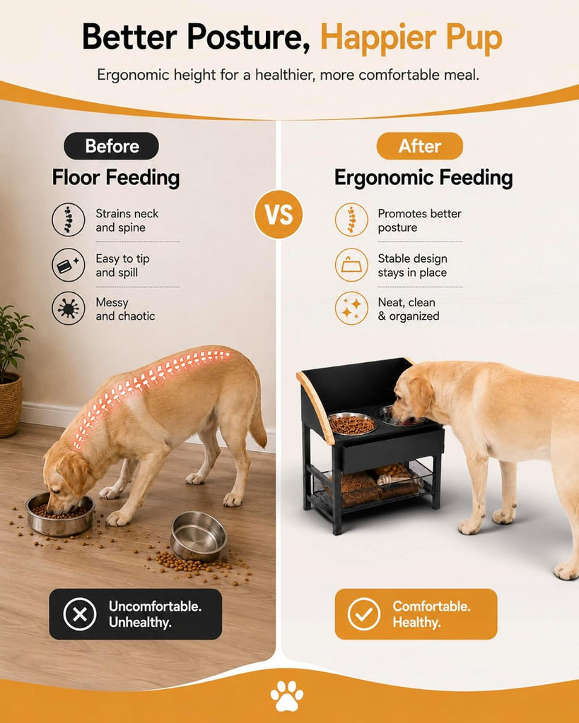 Elevated Dog Bowls for Large Breed Dogs with Storage Basket, 13 Inch Tilted Raised Dog Bowl Stand with Stainless