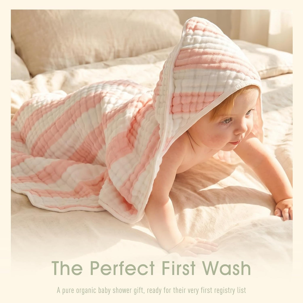 Organic Muslin Hooded Baby Bath Towel 4pc for Newborn - Pink Stripe