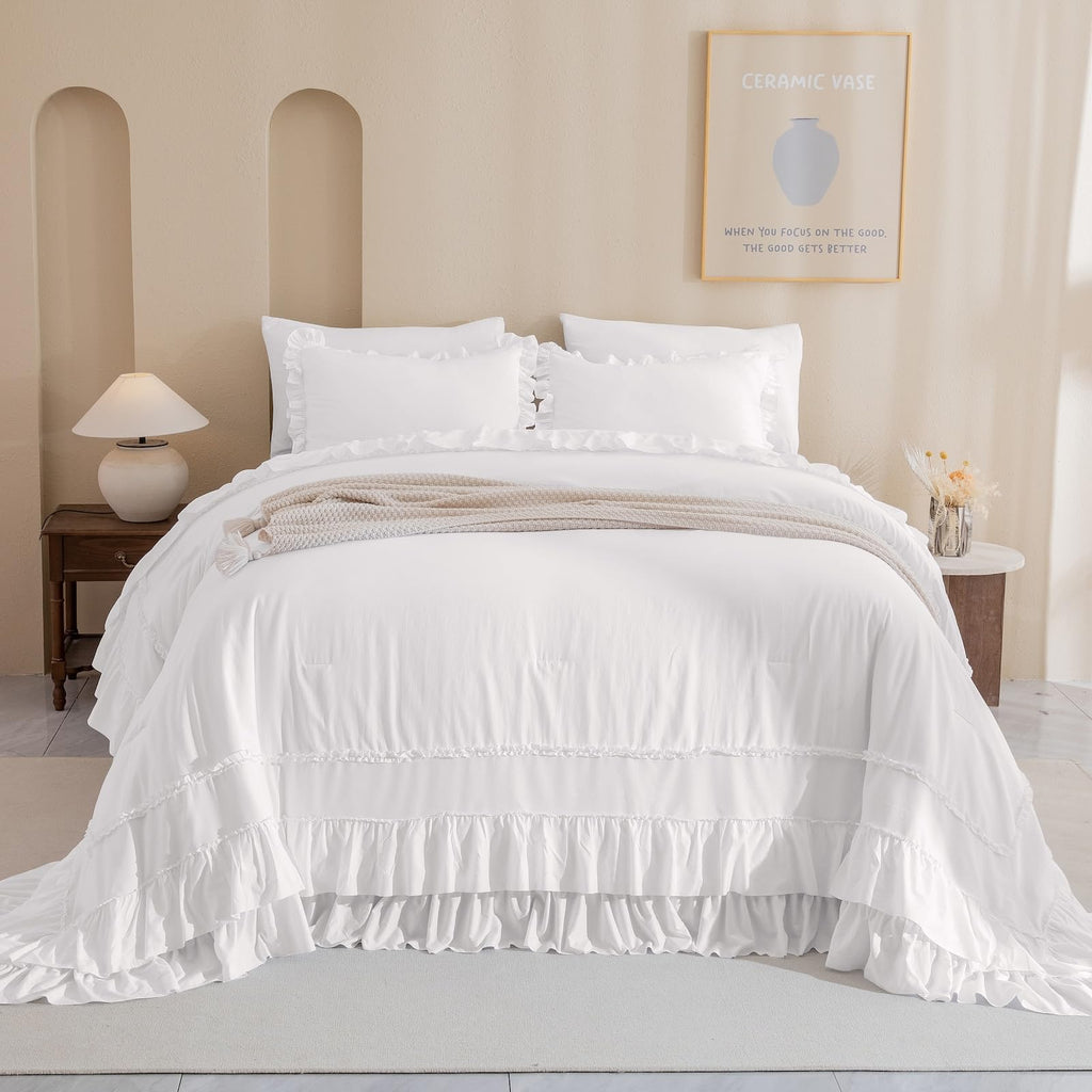 3PCs Natural White Ruffled Comforter 120x120, Shabby Boho Chic Farmhouse Ruffle Bed Comforter Set