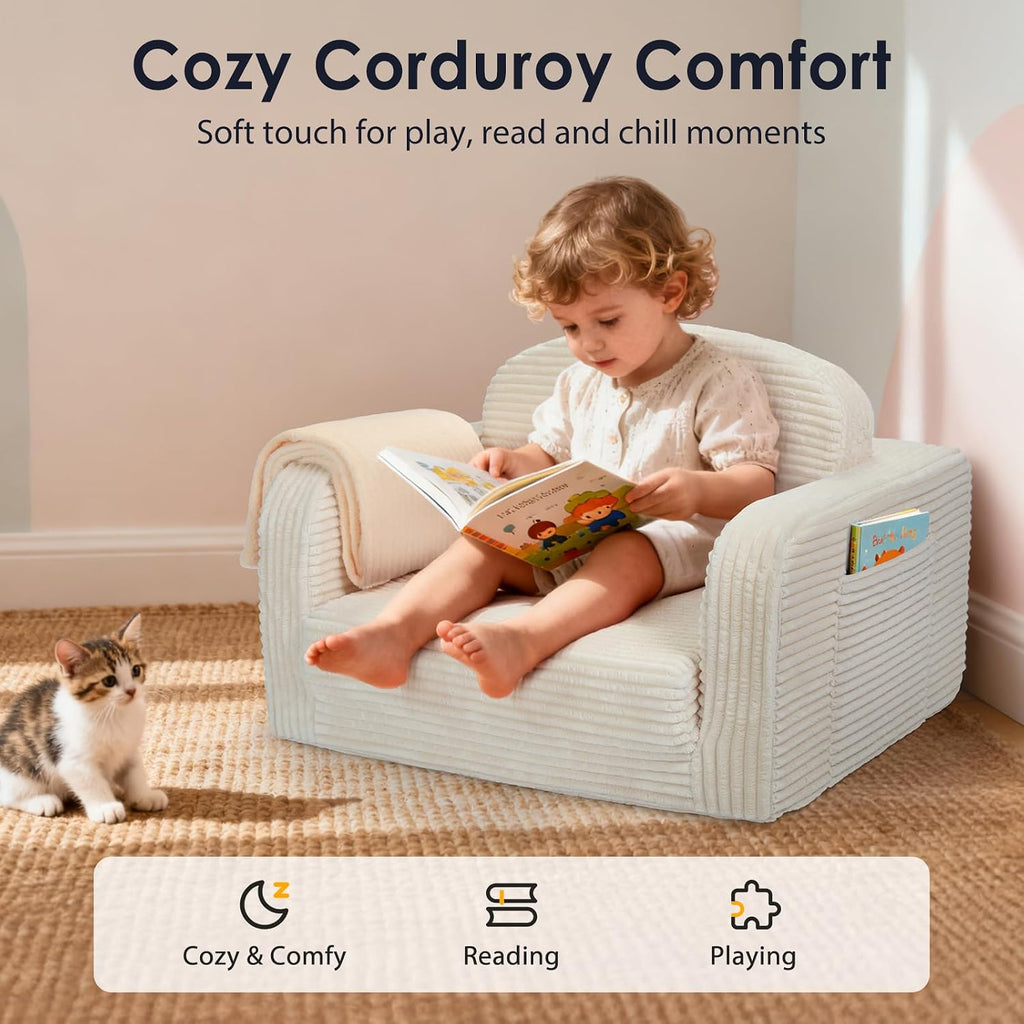 2 in 1 Convertible Kids Couch - Corduroy Fold Out Kids Sofa Chair with Blanket, Comfy Comfortable Toddler Chair