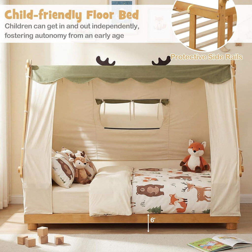 Twin Bed Frames for Kids, Wooden House Antlers-Shaped Floor Bed | Montessori Kids Bed w/Tent, Window, Fence Guard