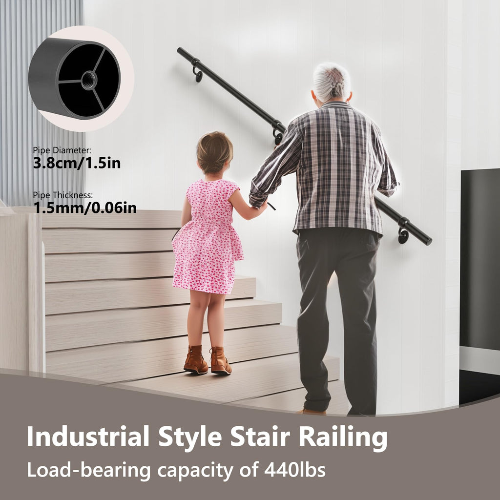 Stair Railing Indoor 10 Feet Hand Rails for Indoor/Outdoor Steps 1.5" Round Porch Railing Wall Mount Aluminum Hand