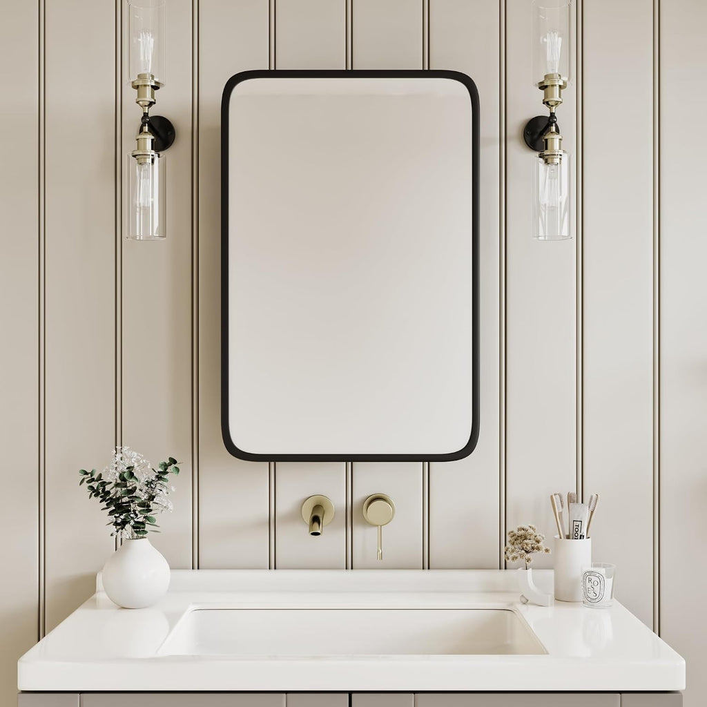 Medicine Cabinet with Black Metal Frame Mirror, Overall 16.5"x24" | Bathroom Wood Wall Cabinet with Mirror