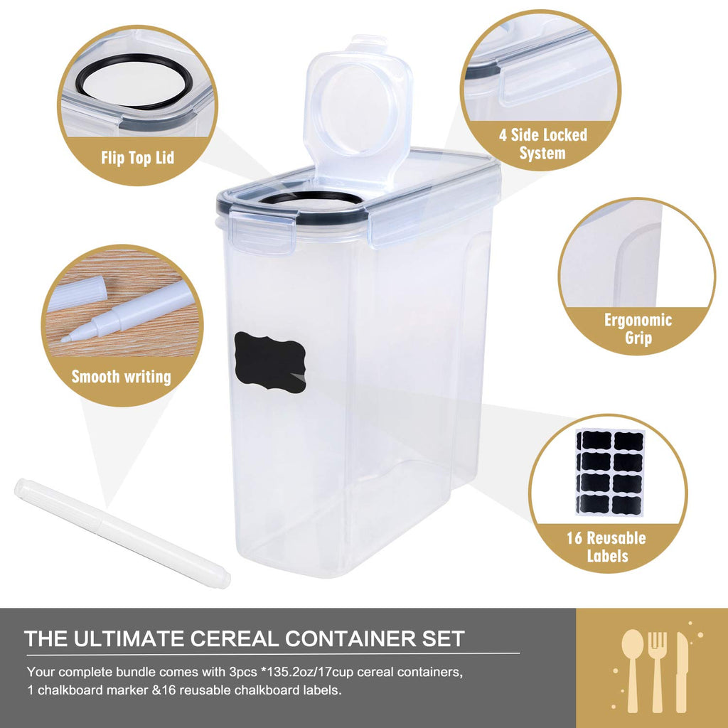 Cereal Containers Storage Set - 3 Piece Airtight Large Dry Cereal Container (135.2oz), BPA Free Dispenser Plastic