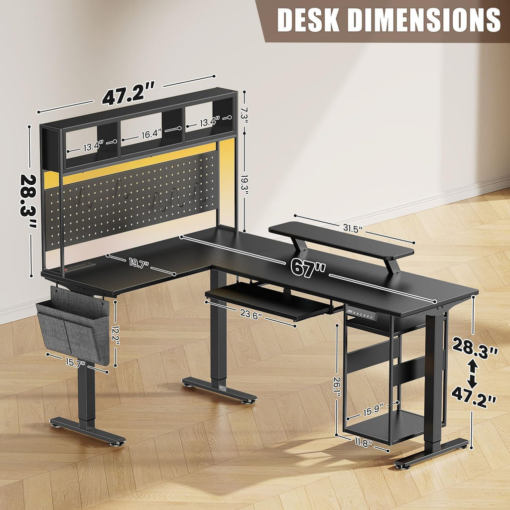 Electric L Shaped Standing Desk Adjustable Height, 67" x 47" Corner Computer Desk with Host Shelf, Gaming Desk with