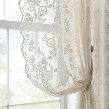 Beige Lace Curtains Rustic Leaf Floral 42 x 96 Inch, 2 Panels