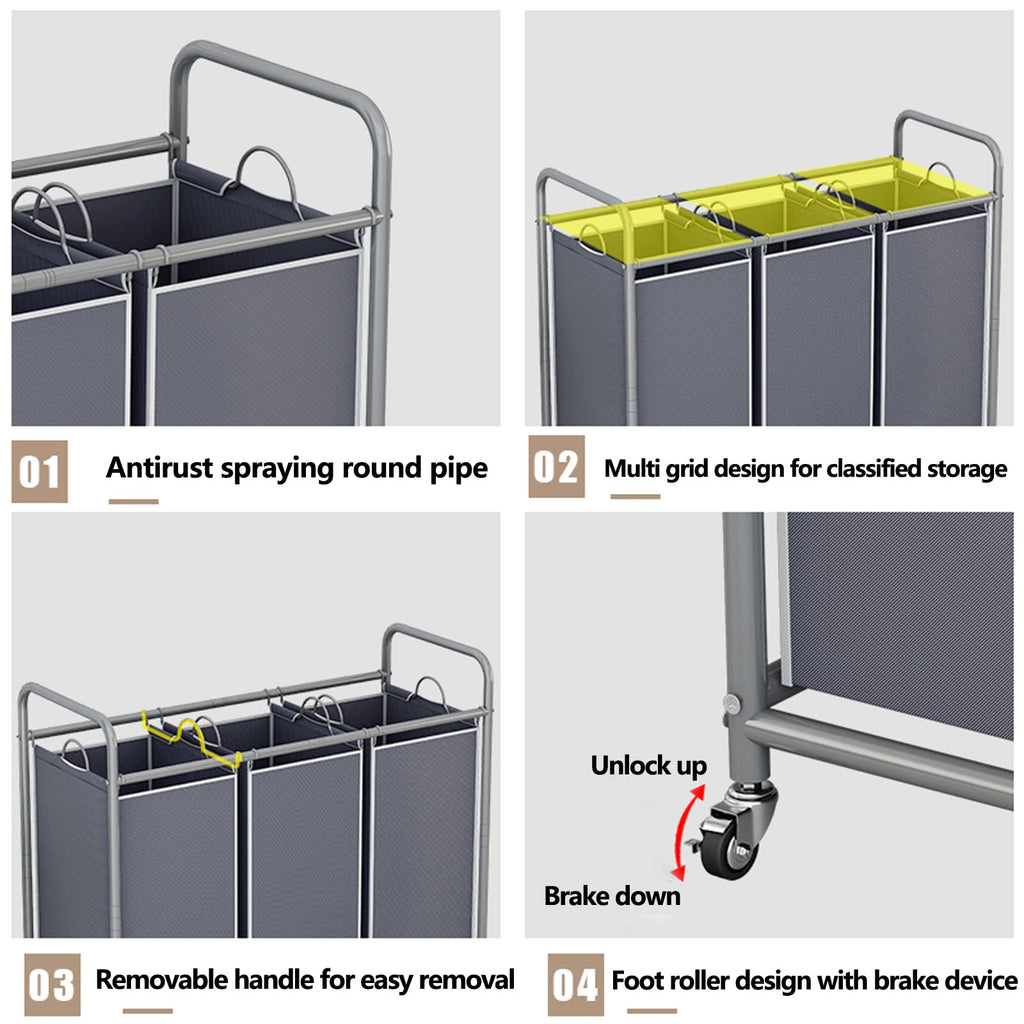 3 Section Laundry Hamper Sorter, Grey Laundry Basket with Wheels