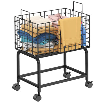 Wire Laundry Hamper Cart,Rolling Laundry Carts with Pull Handle,Black Tall Laundry Basket,Commercial Wire Laundry