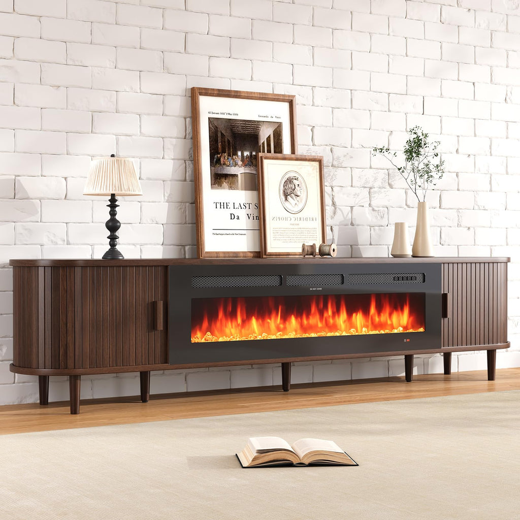 90" Mid Century Modern TV Stand with Fireplace, Fluted Fireplace TV Stand, Entertainment Center with Sliding Door, TV