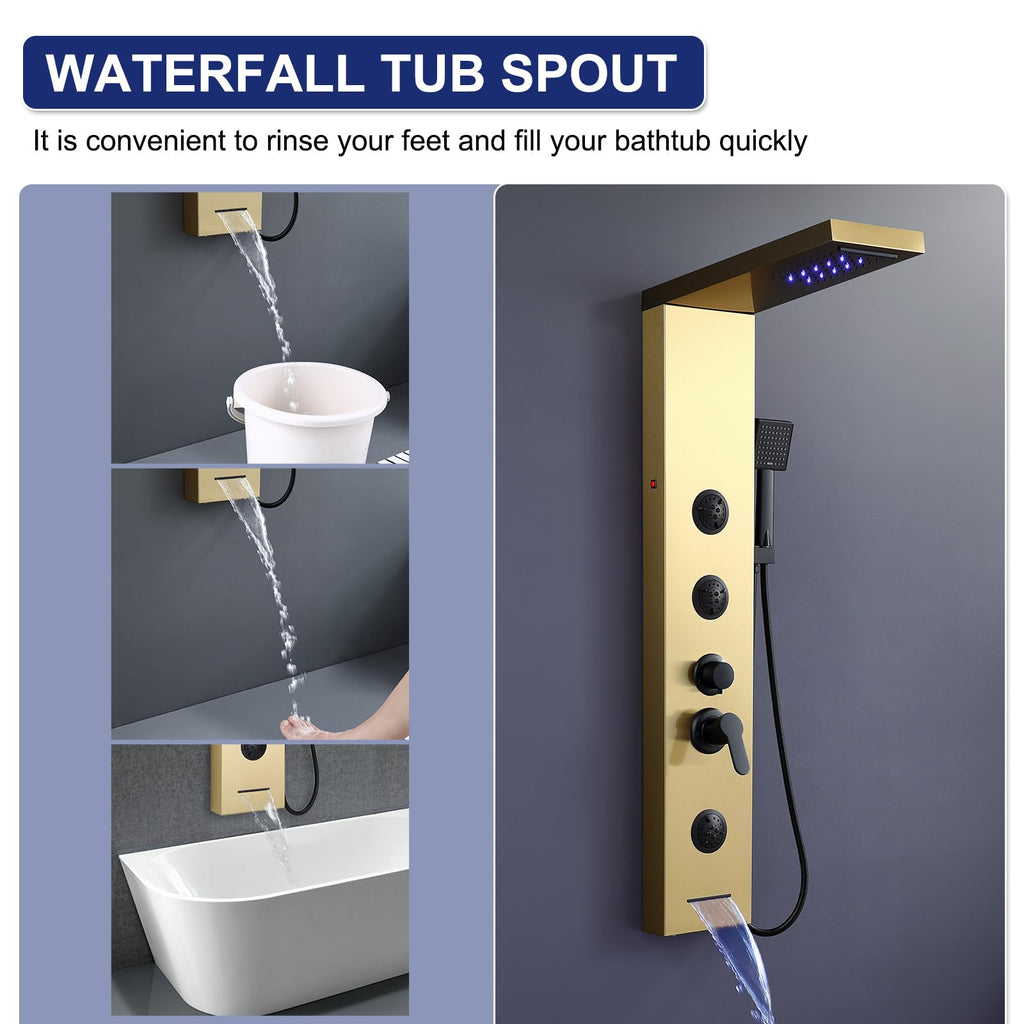 6 in 1 LED Rainfall Waterfall Shower Panel Tower System Brushed Gold