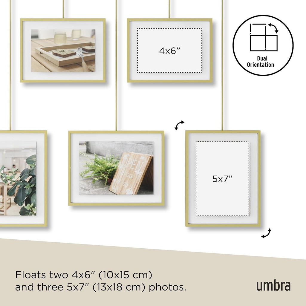 Exhibit Picture Frame Set, Adjustable Wall Mount, Set of 5, Brass | Steel construction, customizable layout
