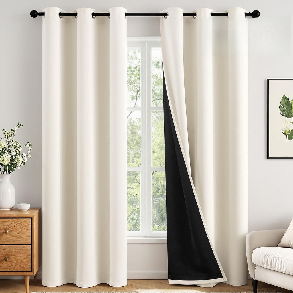Cream 100% Blackout Curtains for Bedroom 96 Inch Long, 2 Layers Thermal Insulated Black Out Window Curtains with