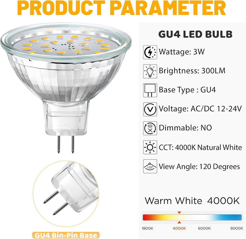 MR11 LED Bulb 3W 12V, 6 Pack Low Voltage Landscape Light Bulbs, 4000K