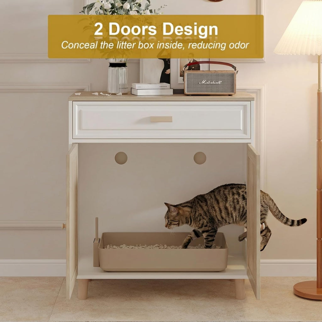 Cat Litter Box Enclosure Furniture Hidden Indoor 2-in-1 Wooden Cat House & Washroom Cabinet with Scratching Board
