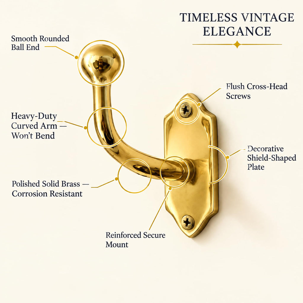 Unlacquered Solid Brass Wall Hooks - Handmade Heavy Duty Coat & Towel Hooks, Wall Mounted Brass Hooks Decor | Vintage
