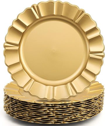 Gold Charger Plates, 13" Decorative Round Dinner Plate Chargers, Reusable Plastic Dinner Chargers with Fluted - Set of 12