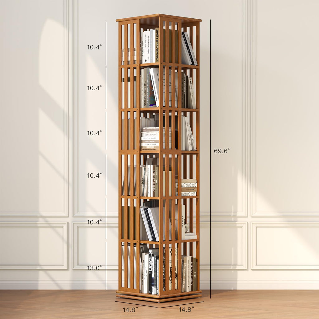 Rotating Bookshelf Tower, 360° Display Spinning Bookcase, Bamboo Bookshelf Floor Standing Storage Rack, Wood Narrow