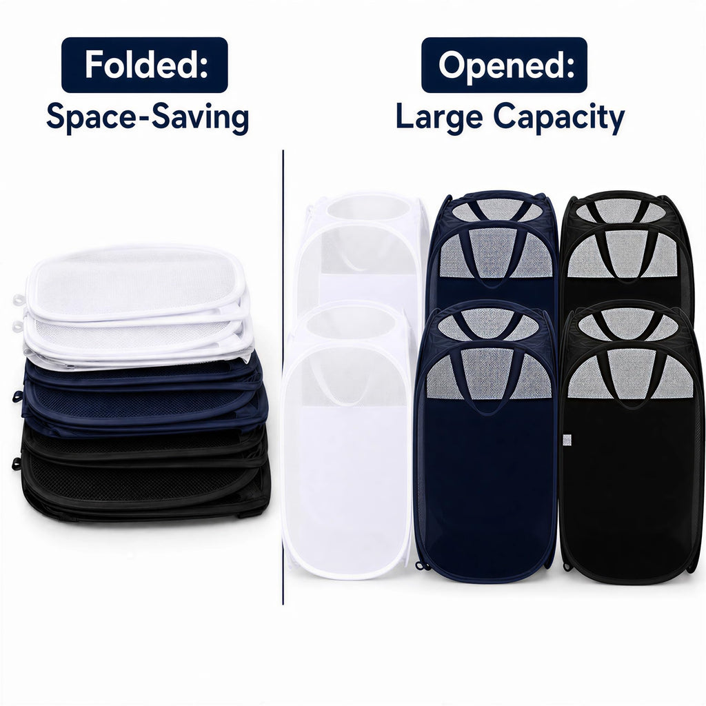 6 Pack Mesh Laundry Hampers with Side Pockets, Black White Blue