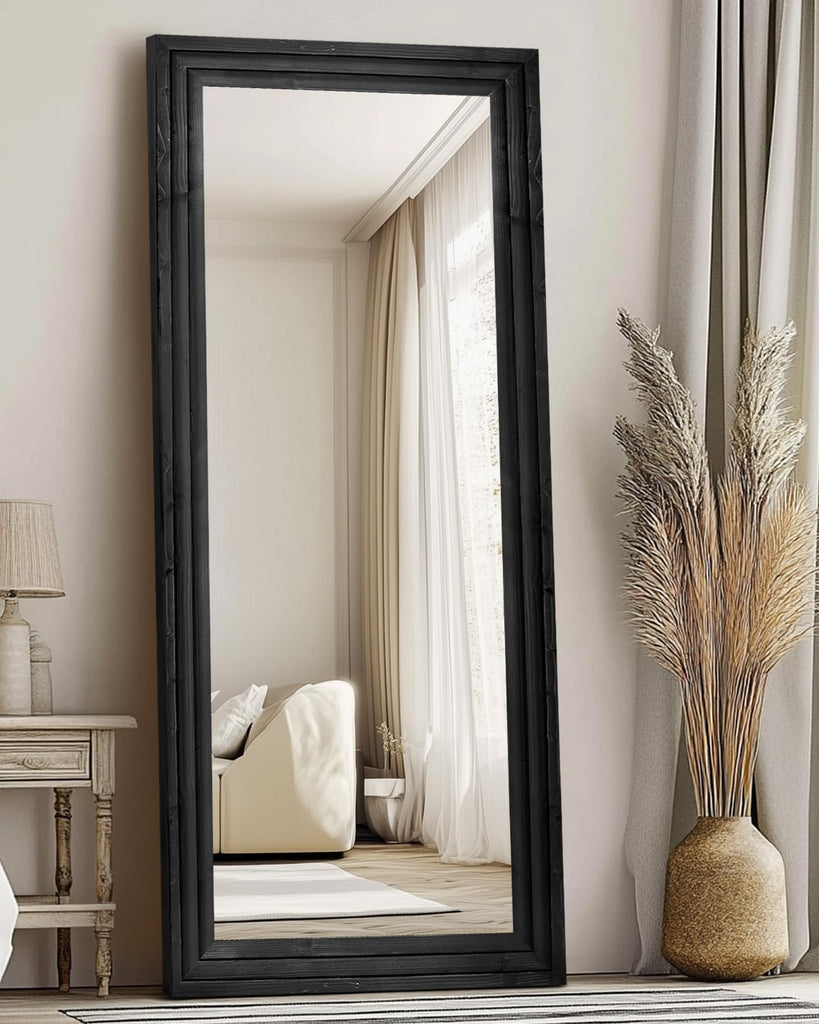 71x30in Full Length Mirror, 3-Tier Stepped Solid Wood Frame, Black