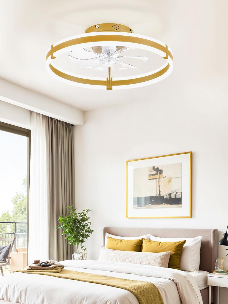 Ceiling Fans with Lights and Remote, 19.7'' Low Profile Ceiling Fan, 3000-6000K Dimmable Modern Flush Mount LED Fan Light, 6 Wind Speeds, Gold Fandelier Ceiling Fans for Bedroom A101-B0F1CCMY9D