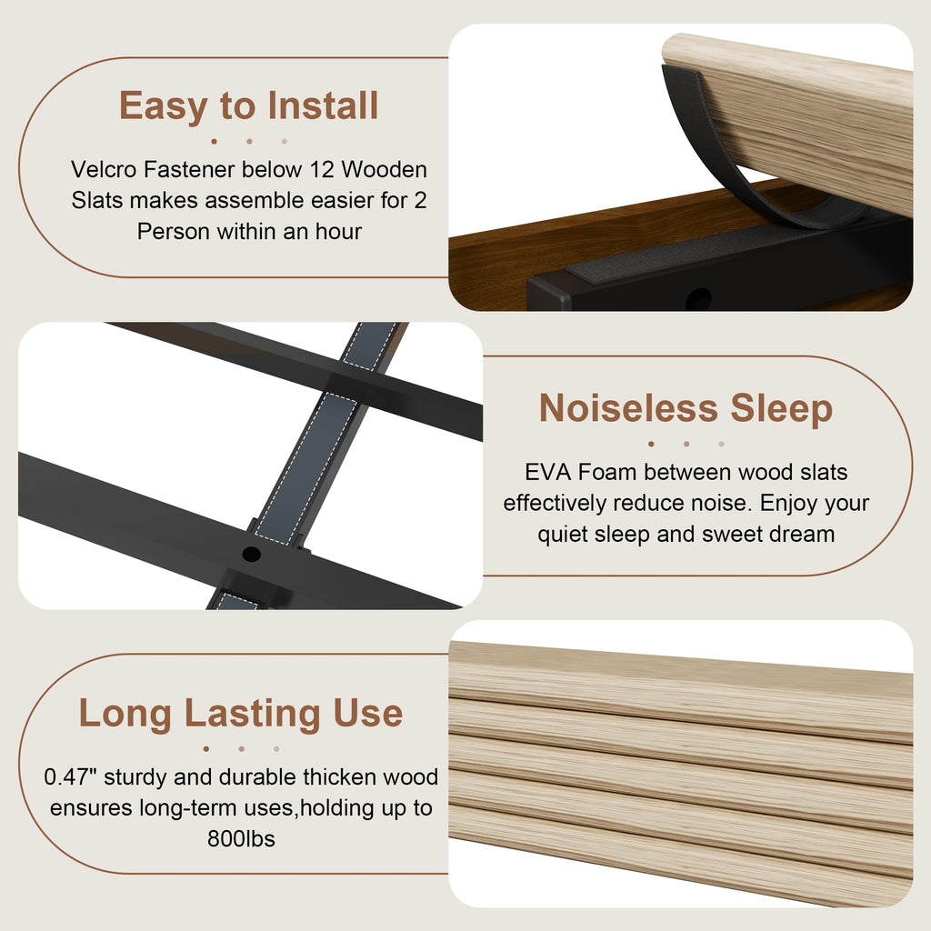 Vintage Platform Bed, Queen Bed Frame with Wave Upholstered Headboard