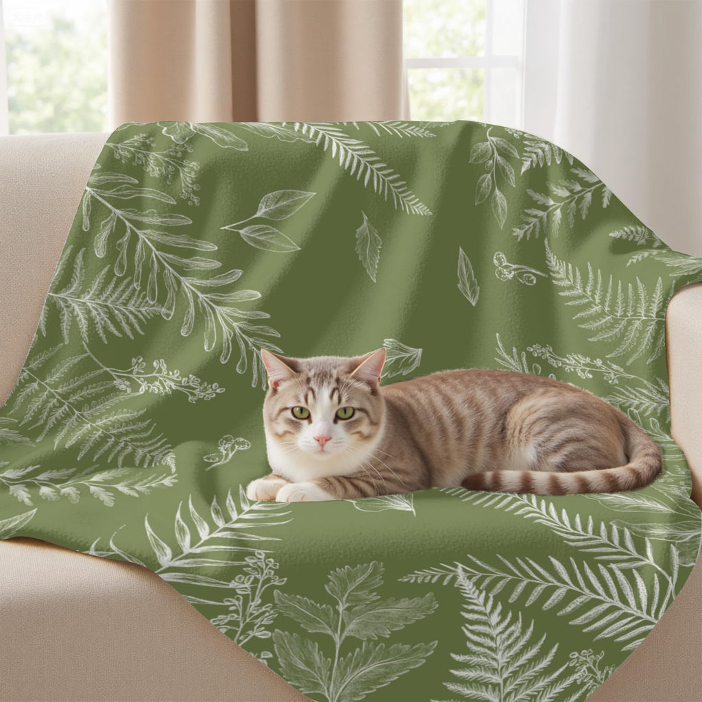 Green Throw Blanket Wild Fern Leaves Plants Blankets and Throws for Couch Sofa, Boho Leaf Decorative Soft Cozy