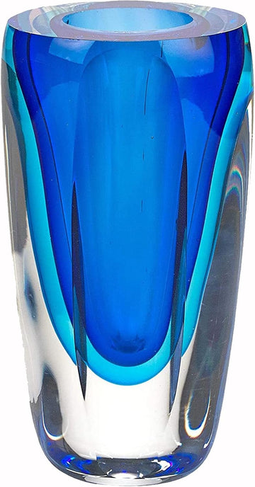Azure Murano-Style Art Glass Flower Vase Centerpiece, 6 Inch