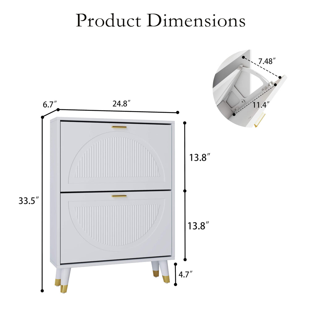 White Narrow Shoe Cabinet Storage with 2 Flip Drawers