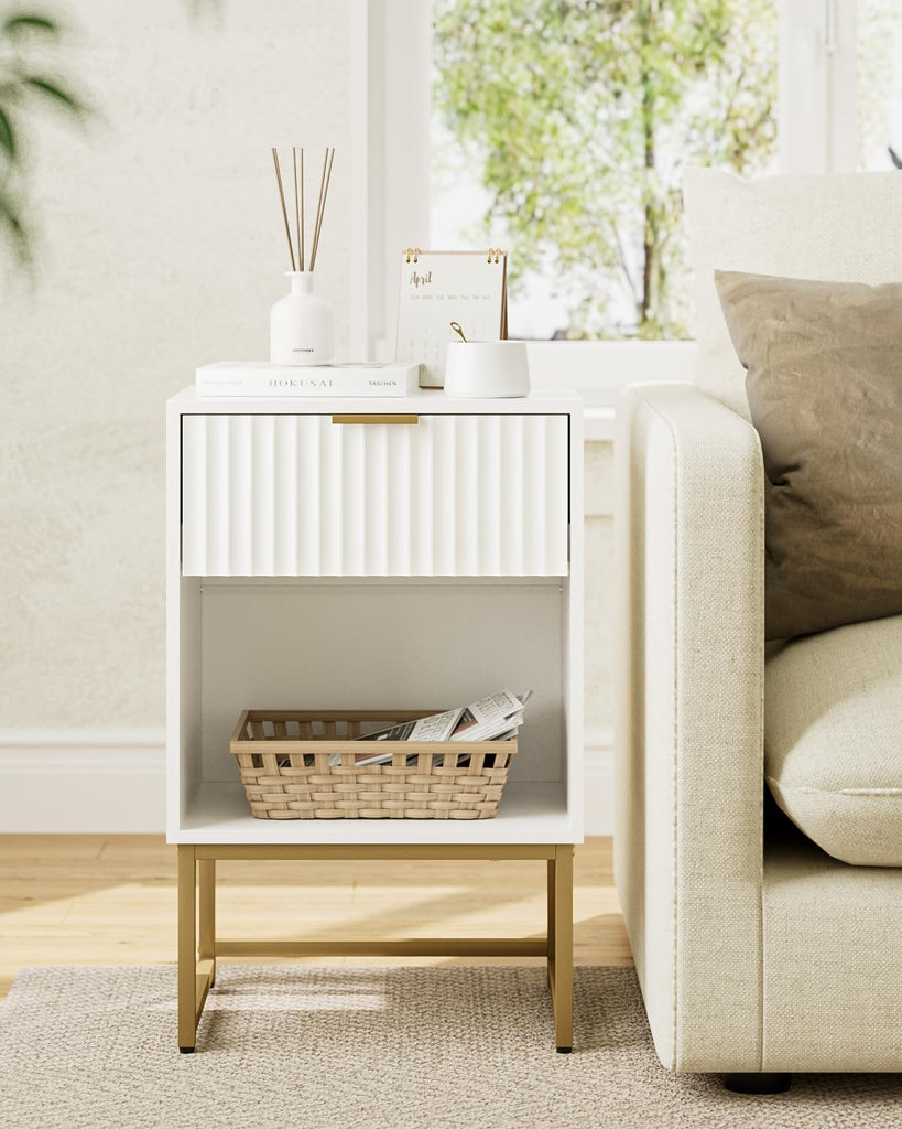 White Nightstand, Fluted Night Stand, Wood Bedside Table with Storage Drawer, Modern Side End Table, White