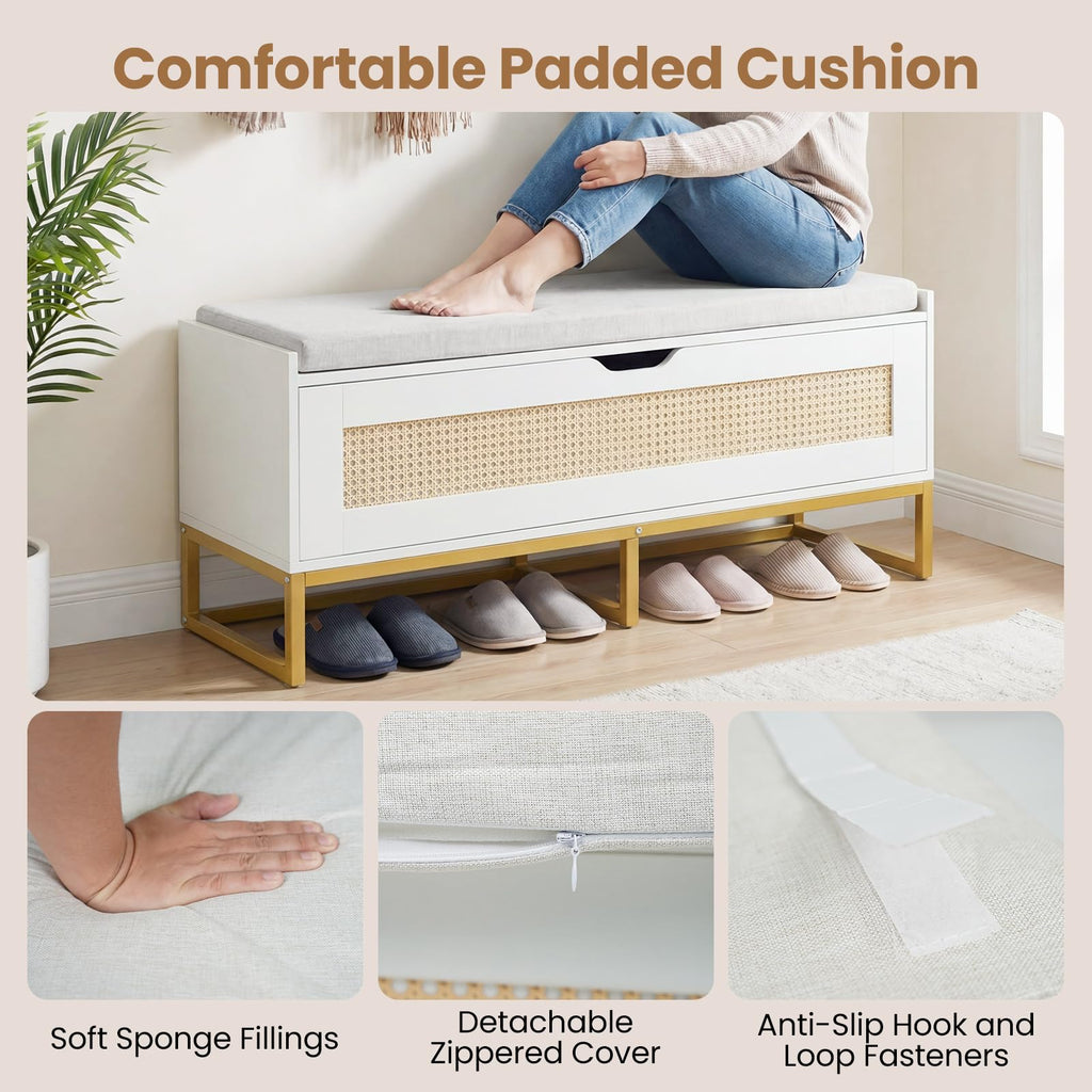 Rattan Shoe Bench, Flip-Top Entryway Bench with Removable Padded Seat & Hidden Storage, Wooden Shoe Storage Chest