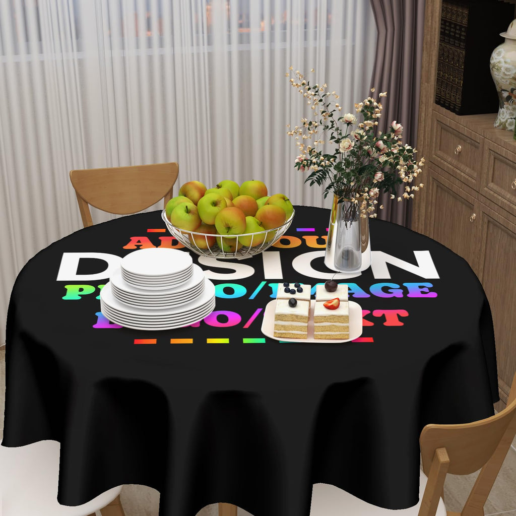 Custom Round Tablecloth 60 Inch Circle Table Cloth, Design Your Photo, Text, Business Logo, Oil Proof Wipeable Table