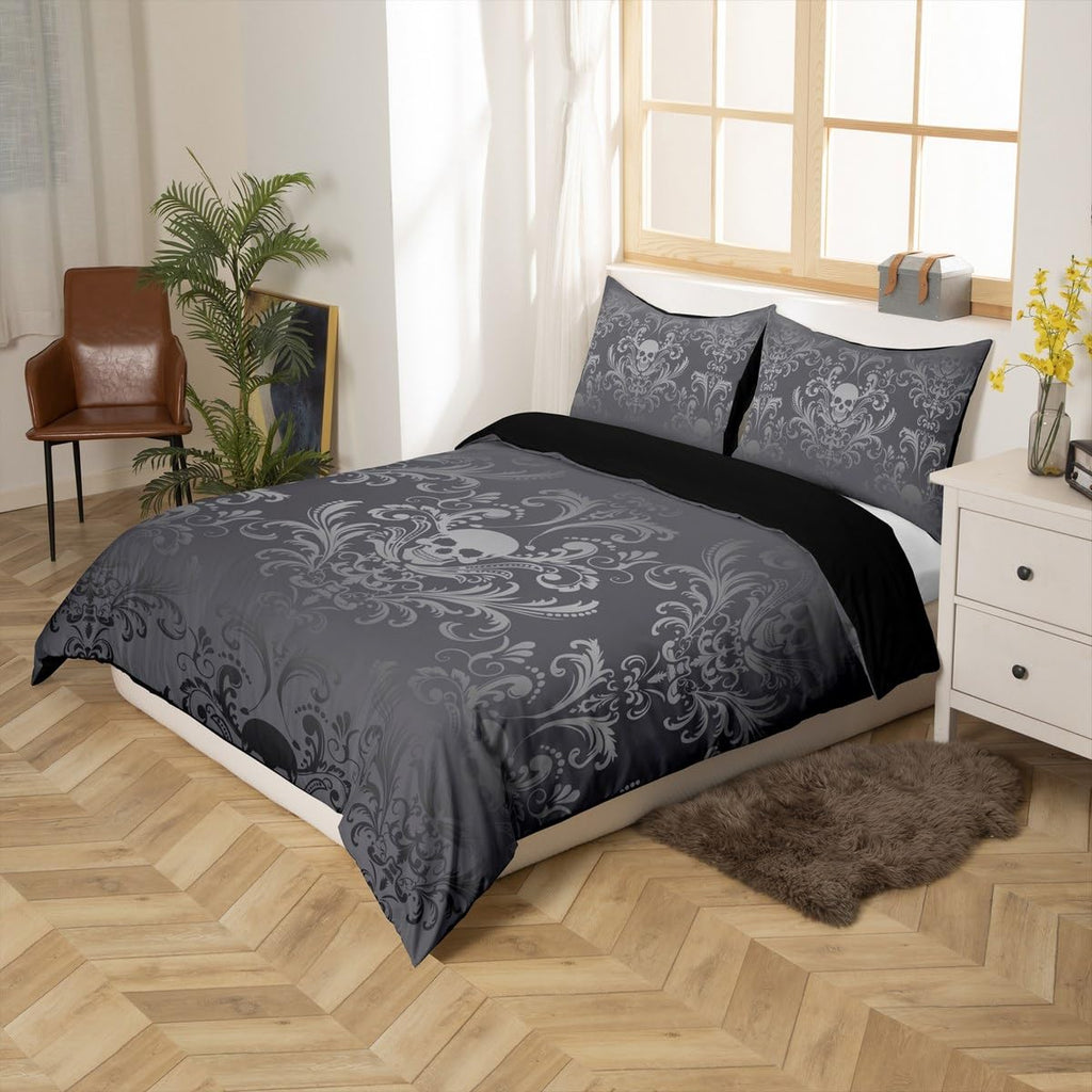 Adults Black Damask Bedding Set Antique Victorian Baroque Duvet Cover King Size, Gothic Vintage Floral Comforter Cover