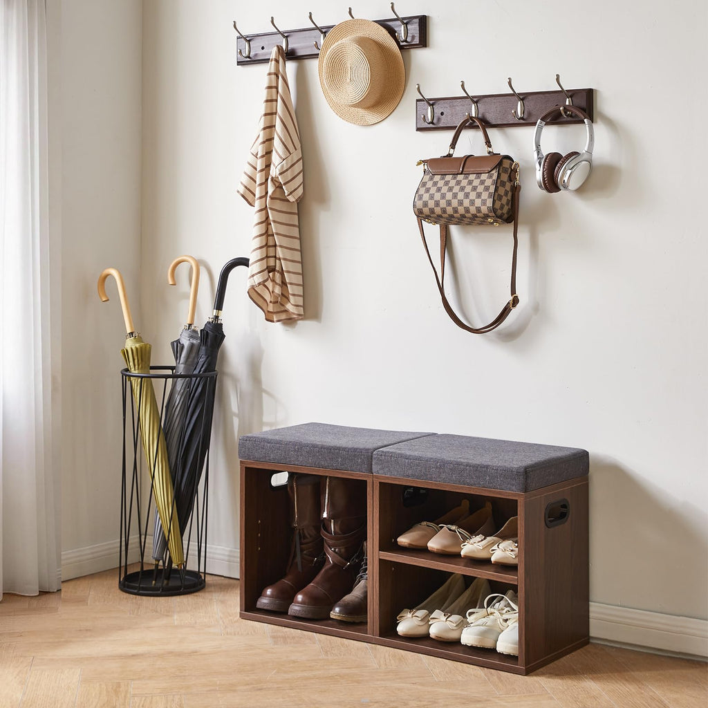 Small Shoe Storage Bench with Cushion, Light Walnut