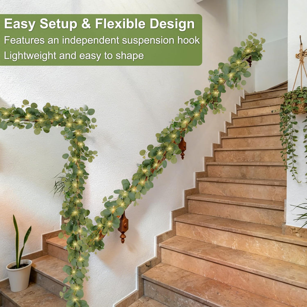 6Ft Lighted Eucalyptus Garland with 30 LED Lights String, Battery Operated Olive Leaf Greenery Garland for Table - Set of 6