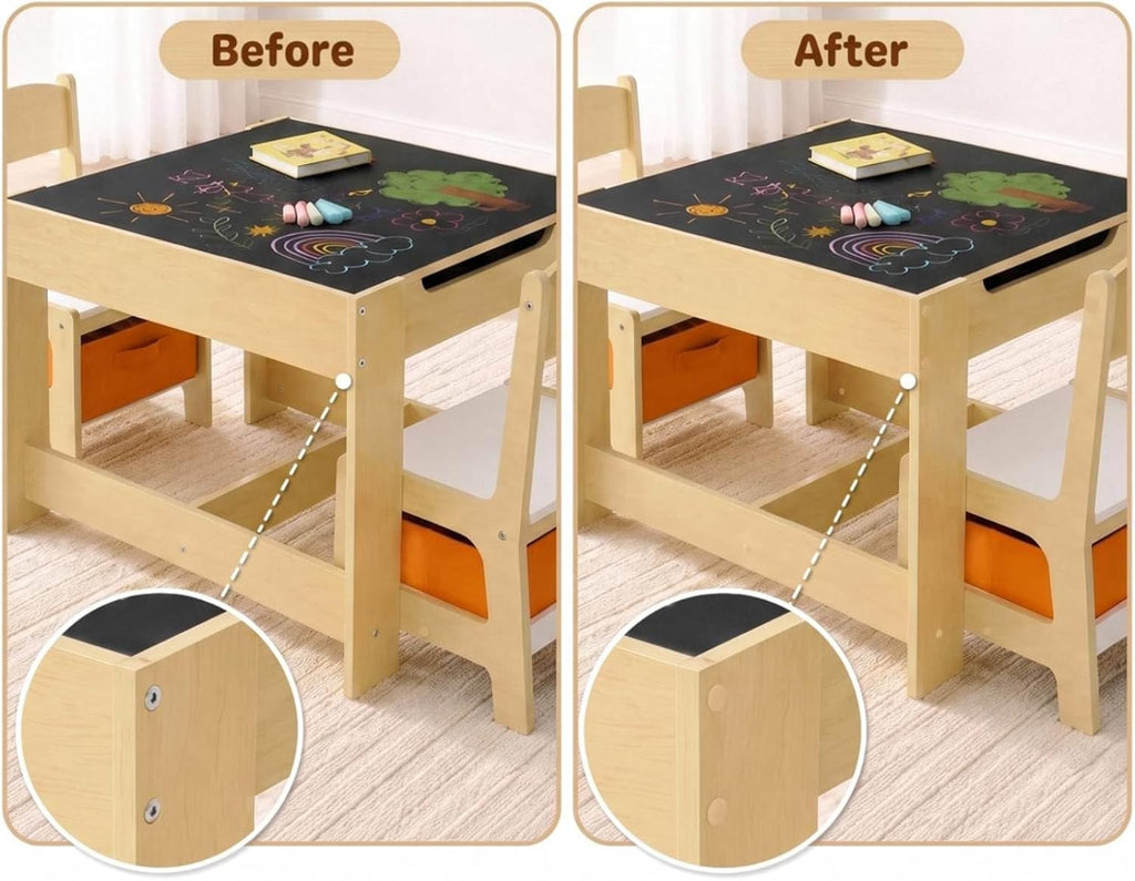 Kids Table & 2 Chairs Set, 4 in 1 Wooden Activity Table w/Storage