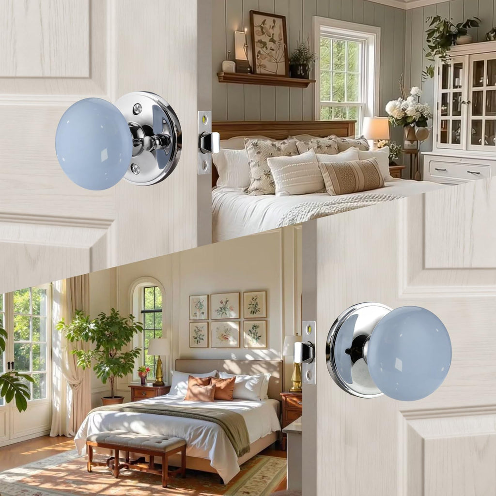 Blue Purple Interior Door Knobs, Porcelain Door Handles with Privacy Lock