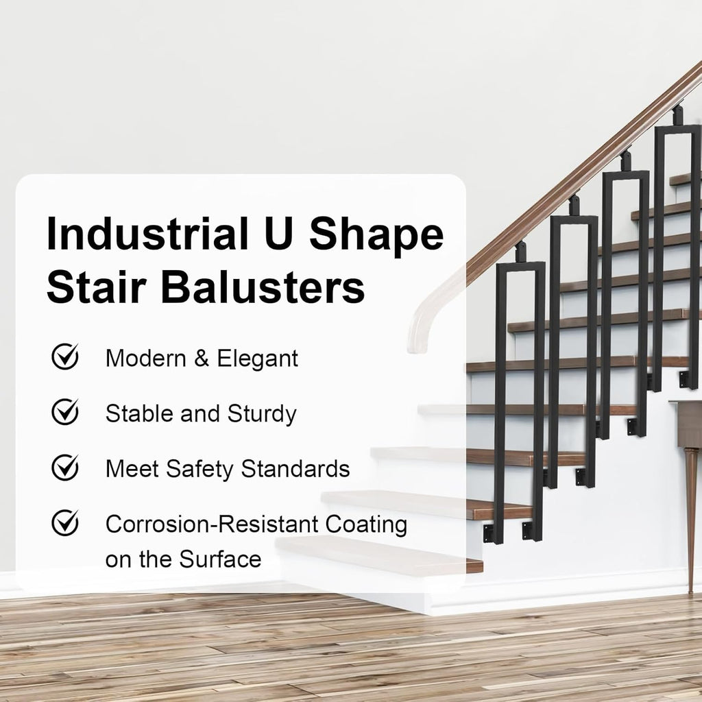 12 Pack U Shape 38.6" Stair Balusters with Adjustable Top Bracket for Staircase Interior, Side Mount Wrought Iron